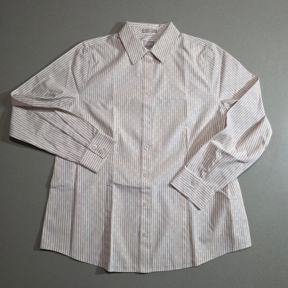 Chicos No-Iron Coolmax Tan White Striped Polka Dot Button Down Shirt Size 0 S